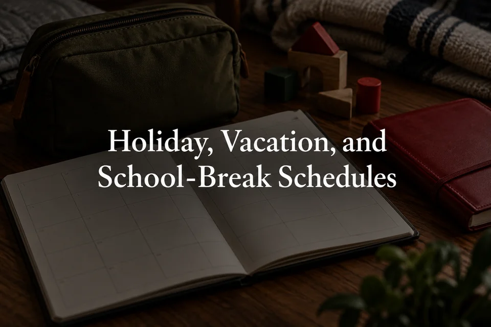 Holiday, vacation, and school-break schedules.